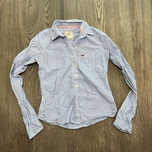Hollister Button-Up Shirt Striped Long Sleeve Chest Pocket Blue White Size XS